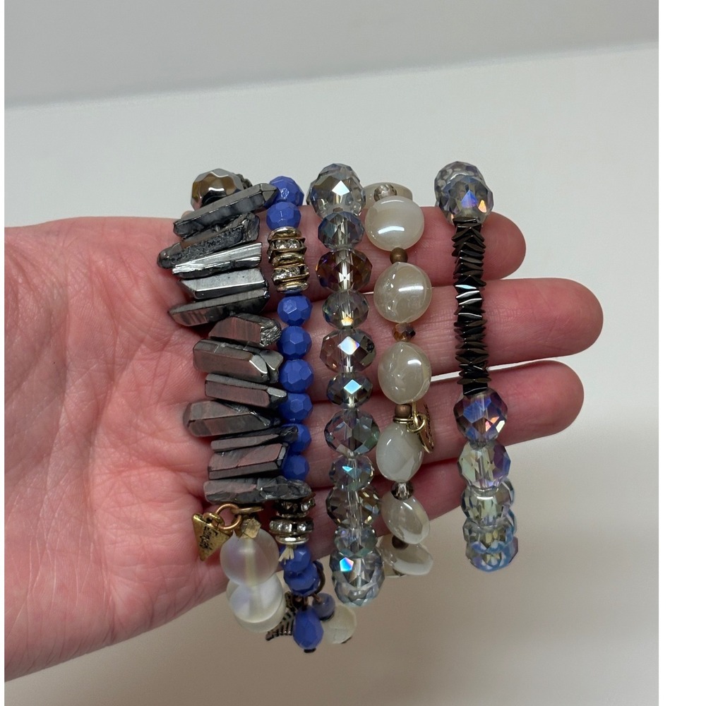 Mixed Beaded Stretch Bracelet Set 5pc Blue Silver Iridescent Boho